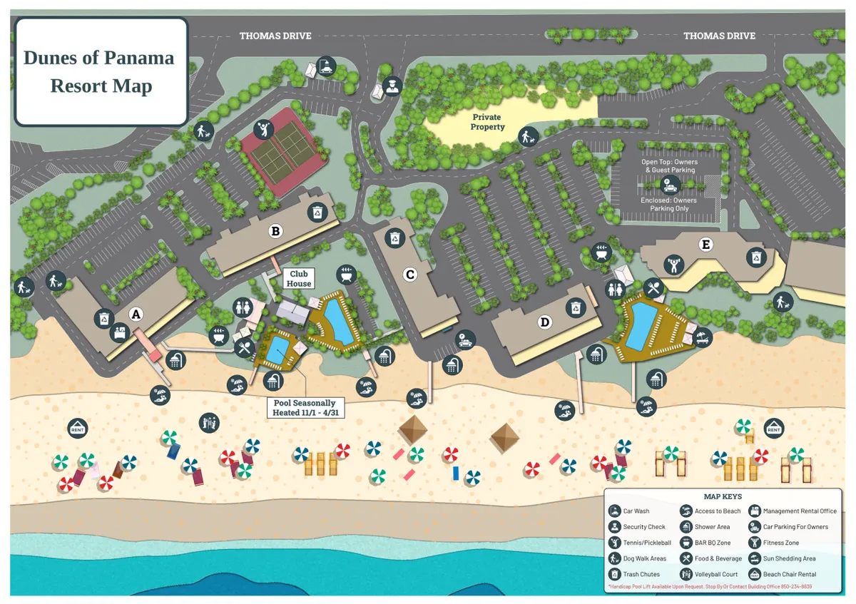 A sweeping exterior shot encompassing the clubhouse, multiple swimming pools, direct beach access, and tennis courts. The scene is bustling with activity, showing guests enjoying the pools, friends gathered for tennis, and the inviting transition from poolside to the sandy beach beyond.